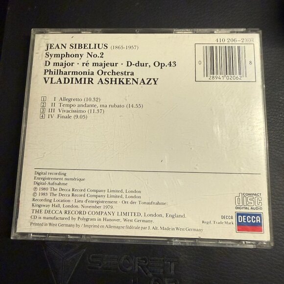 Jean Sibelius Symphony No. 2 CD By Vladimir Ashkenazy Decca Philharmonia TESTED - Picture 2 of 2